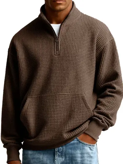 Men Spring Autumn Casual Solid Color Waffle Turtle Neck Long Sleeve Sweatshirt