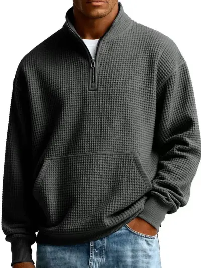 Men Spring Autumn Casual Solid Color Waffle Turtle Neck Long Sleeve Sweatshirt