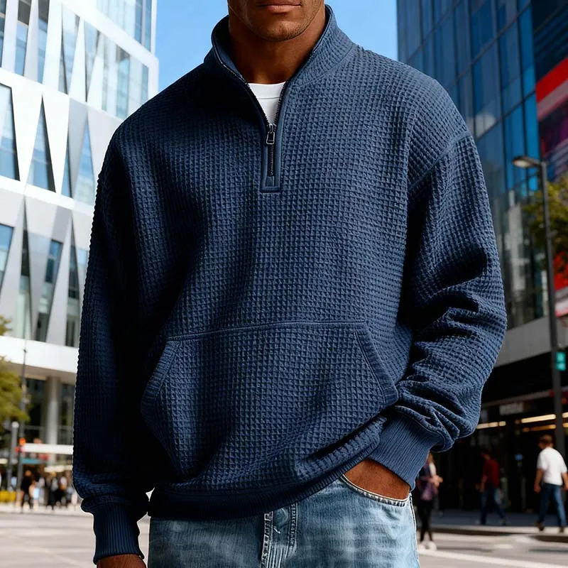 Men Spring Autumn Casual Solid Color Waffle Turtle Neck Long Sleeve Sweatshirt