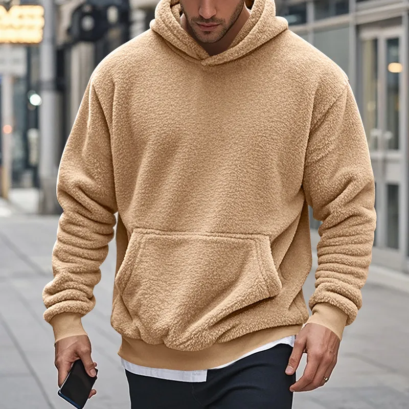 Men Autumn Winter Casual Solid Color Fleece Long Sleeve Hoodie Pullover with Wool Liner