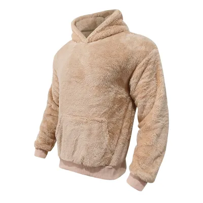 Men Autumn Winter Casual Solid Color Fleece Long Sleeve Hoodie Pullover with Wool Liner