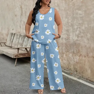 Women Plus Size Casual Printed Tank Top And Wide-Leg Two-Piece Set