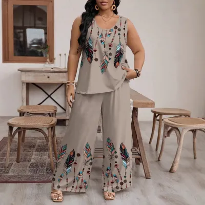 Women Plus Size Casual Printed Tank Top And Wide-Leg Two-Piece Set
