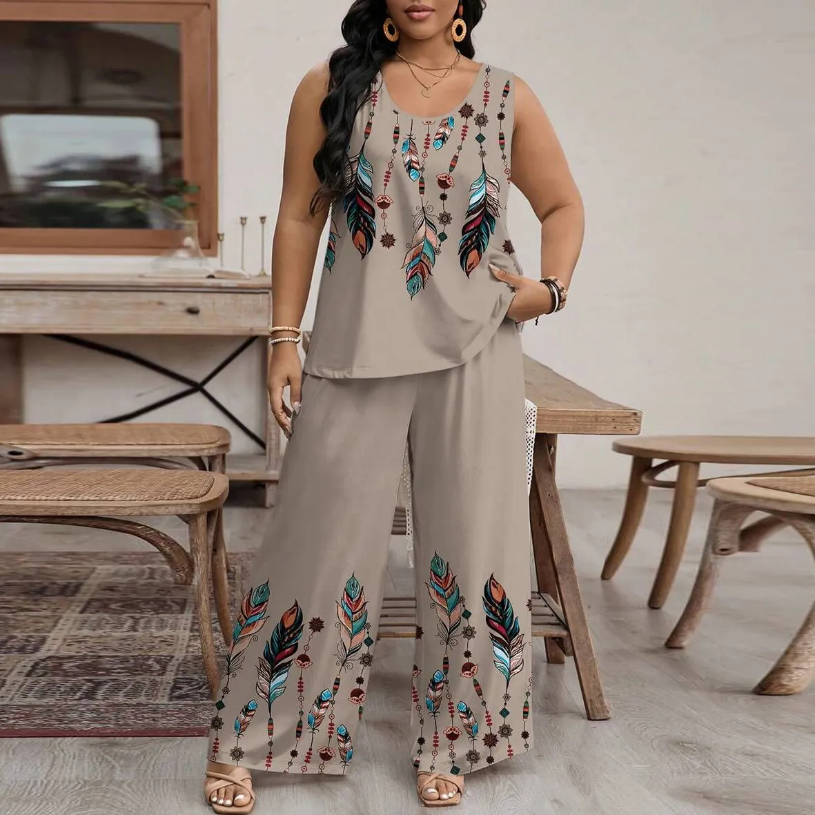 Women Plus Size Casual Printed Tank Top And Wide-Leg Two-Piece Set