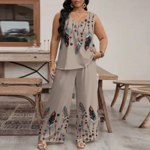 Women Plus Size Casual Printed Tank Top And Wide-Leg Two-Piece Set