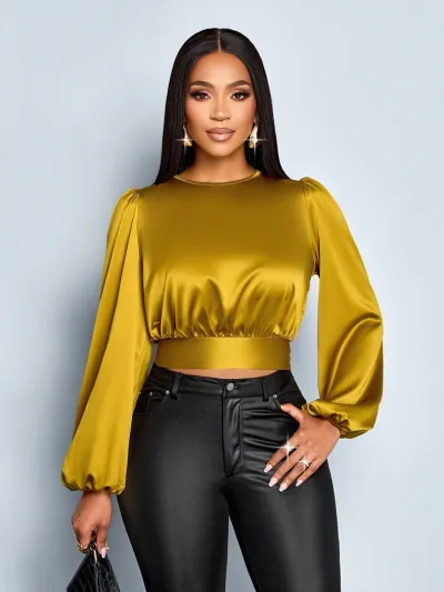 Women Autumn Satin Sexy Leopard Crop Blouse