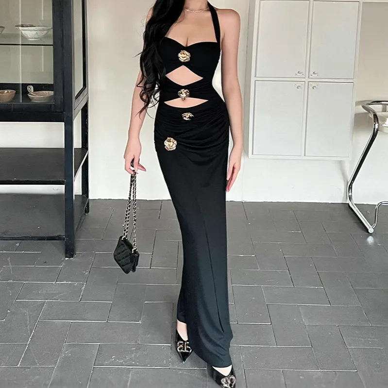 Women Elegant Metal Button Hollow Neck Bodycon Maxi Dress