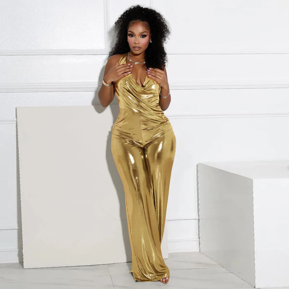 Women Sexy Solid Color Backless Wide-Leg Jumpsuit