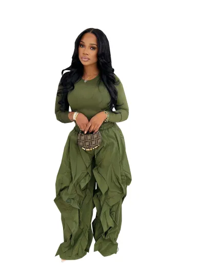 Women Fashion Solid Color Long Sleeve T-Shirt And Ruffled Stitching Wide Leg Pants Two-Piece Set