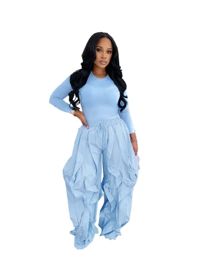 Women Fashion Solid Color Long Sleeve T-Shirt And Ruffled Stitching Wide Leg Pants Two-Piece Set