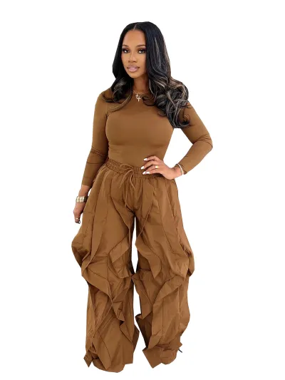 Women Fashion Solid Color Long Sleeve T-Shirt And Ruffled Stitching Wide Leg Pants Two-Piece Set