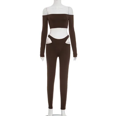 Women Autumn Off-Shoulder Crop Top High Waist Hollow-Out Pants Set