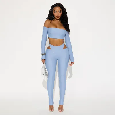 Women Autumn Off-Shoulder Crop Top High Waist Hollow-Out Pants Set
