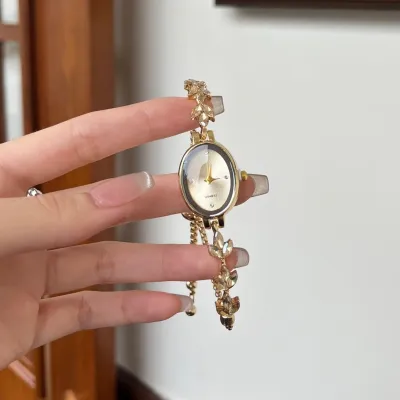 Antique Vintage Full Rhinestone Adjustable Bracelet Watch for Women Light Luxury Heart Geometric Alloy