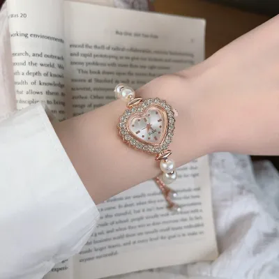 Antique Vintage Full Rhinestone Adjustable Bracelet Watch for Women Light Luxury Heart Geometric Alloy