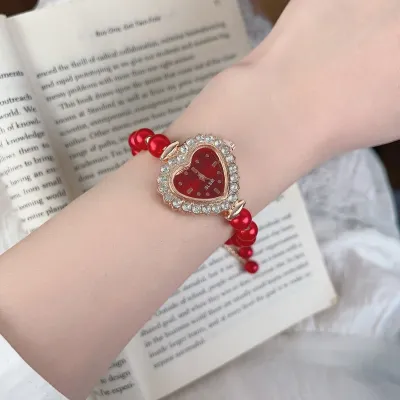 Antique Vintage Full Rhinestone Adjustable Bracelet Watch for Women Light Luxury Heart Geometric Alloy
