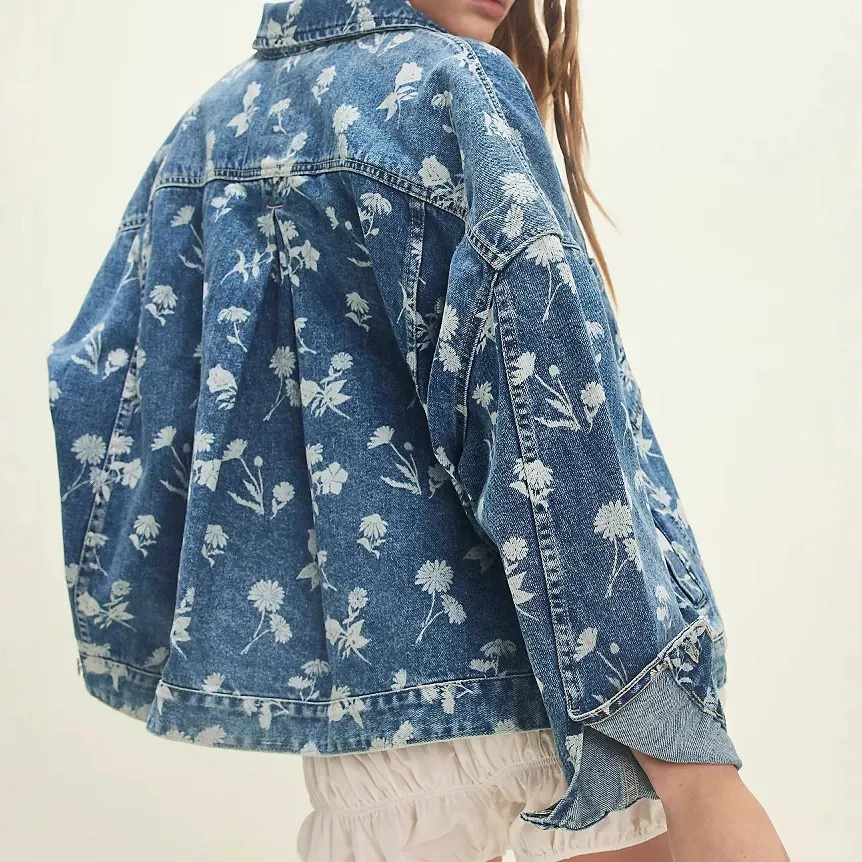Women Floral Printed Autumn Denim Jacket