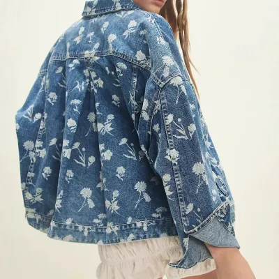 Women Floral Printed Autumn Denim Jacket
