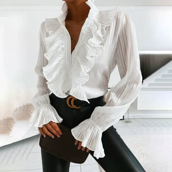 Women Spring Summer Ruffled Flare Sleeve Pleated Long Sleeve Blouse