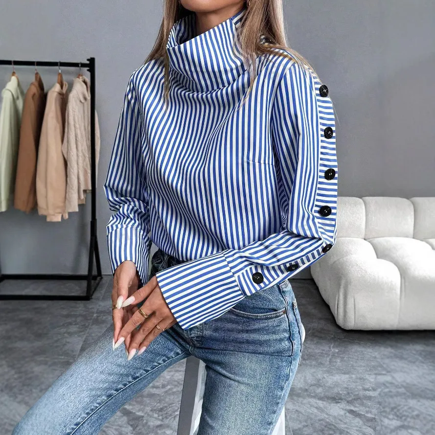 Women's Stripe Lapel Casual Long Sleeve Blue Shirt