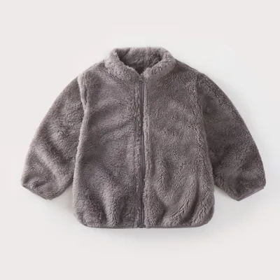 Kids Autumn Winter Solid Color Basic Arctic Velvet Plush Coat with Stand Collar