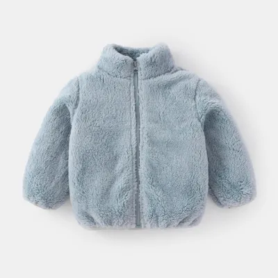 Kids Autumn Winter Solid Color Basic Arctic Velvet Plush Coat with Stand Collar