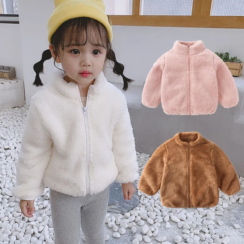 Kids Autumn Winter Solid Color Basic Arctic Velvet Plush Coat with Stand Collar