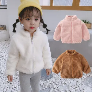 Kids Autumn Winter Solid Color Basic Arctic Velvet Plush Coat with Stand Collar