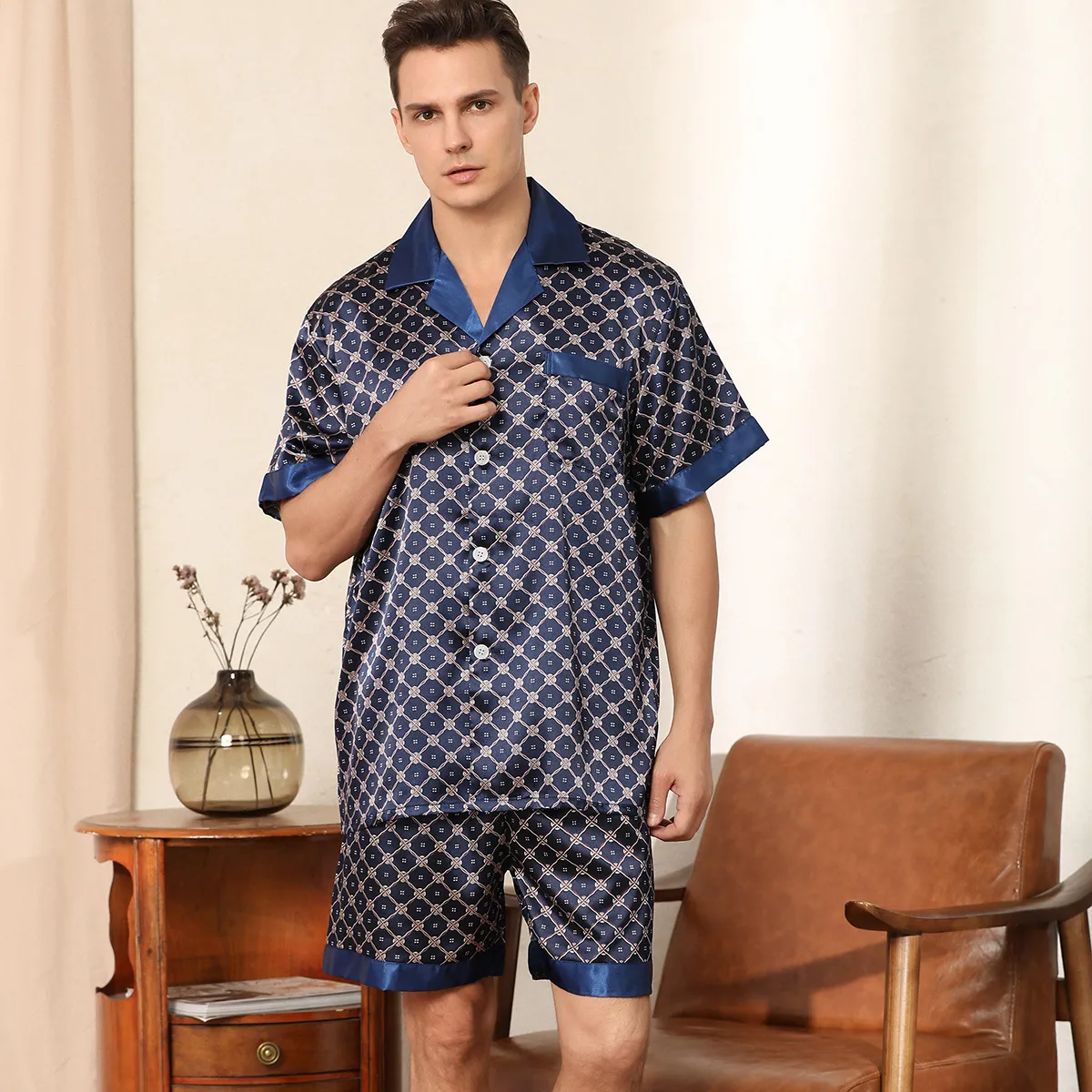 Men Home Print Silk Lapel Short Sleeve Shorts Pajamas Sets