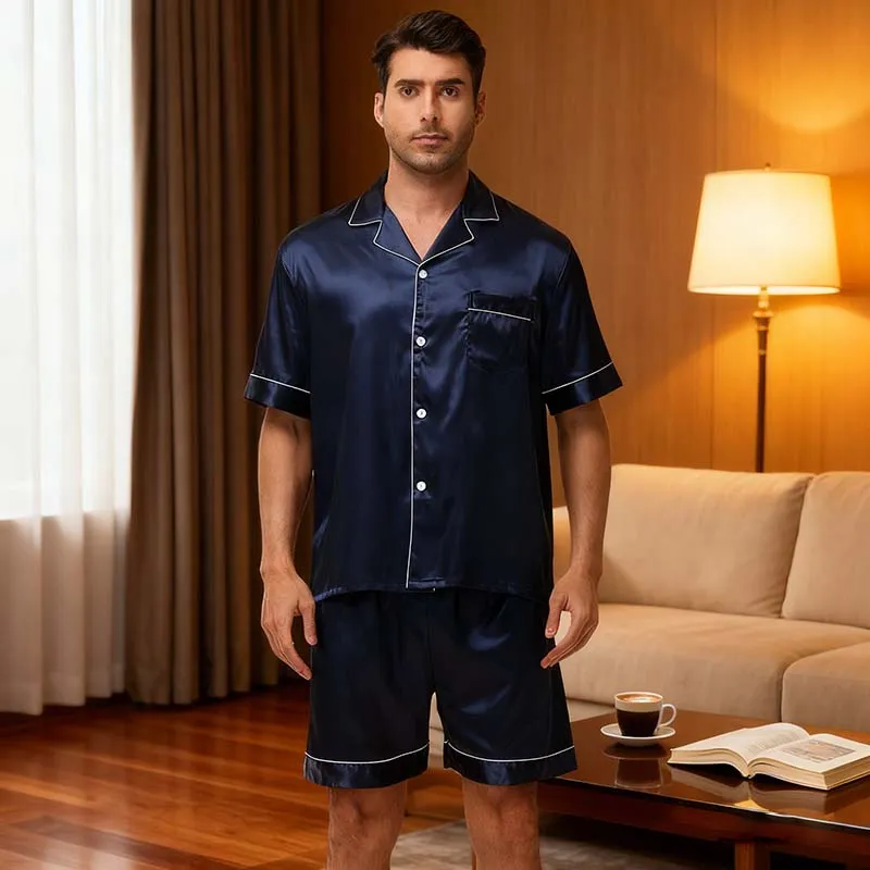 Men Luxury Simulation Silk Lapel Short Sleeve Shorts Pajamas Set