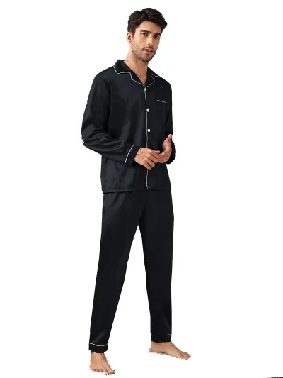 Men Home Simulation Silk Lapel Long Sleeve Trousers Pajamas Sets