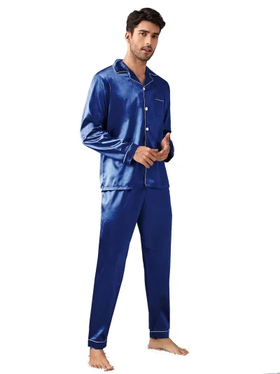 Men Home Simulation Silk Lapel Long Sleeve Trousers Pajamas Sets