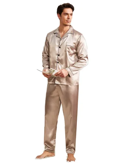 Men Home Simulation Silk Lapel Long Sleeve Trousers Pajamas Sets