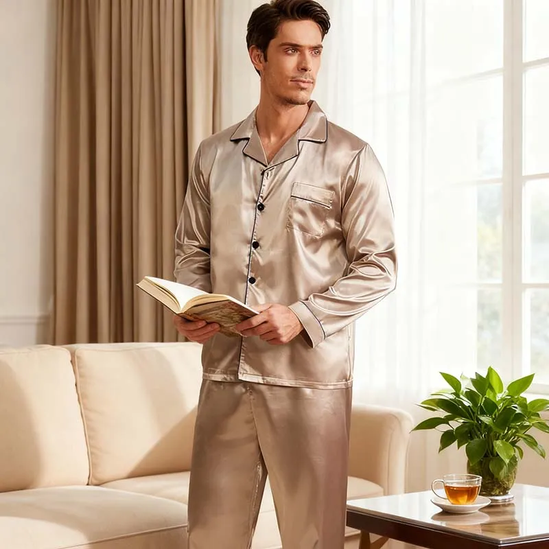 Men Home Simulation Silk Lapel Long Sleeve Trousers Pajamas Sets
