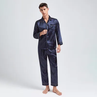 Men Home Simulation Silk Print Lapel Long Sleeve Pajamas Sets