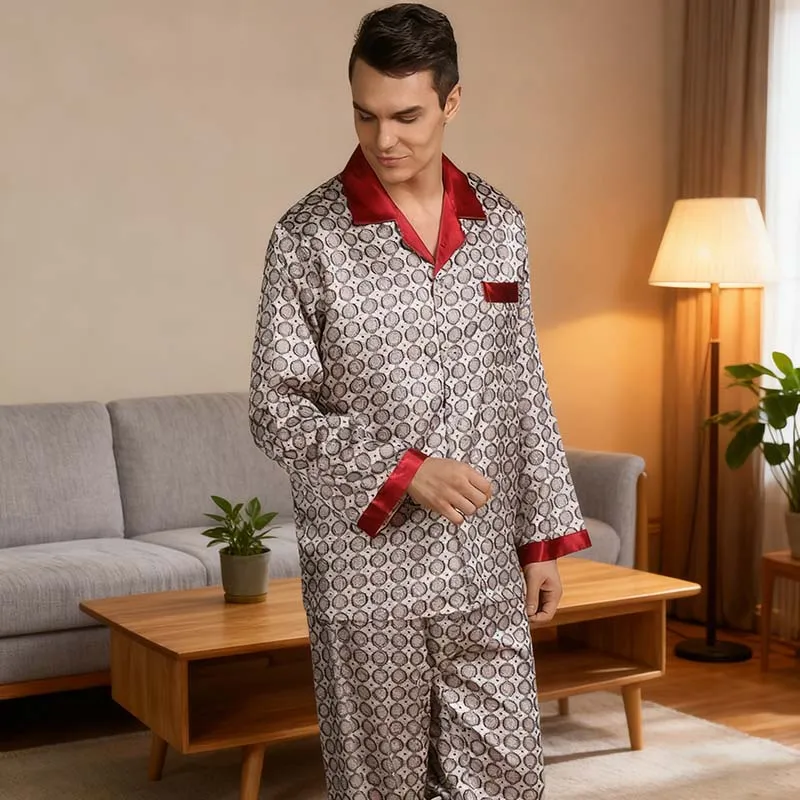 Men Home Simulation Silk Print Lapel Long Sleeve Pajamas Sets