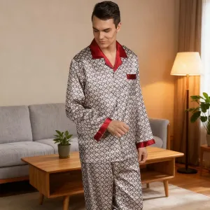 Men Home Simulation Silk Print Lapel Long Sleeve Pajamas Sets
