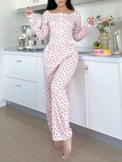 Women's Cherry Print Polyester Pajamas Two-Piece Set