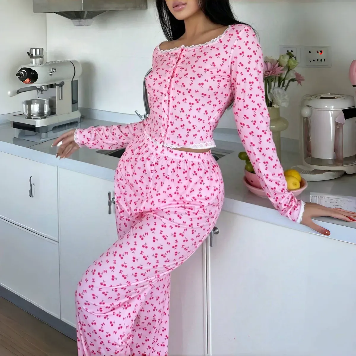 Women's Cherry Print Polyester Pajamas Two-Piece Set