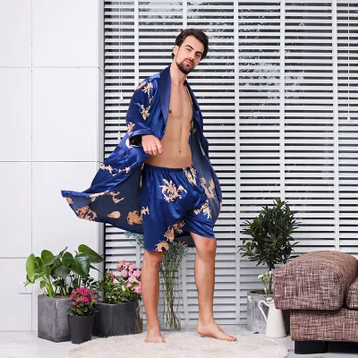 Men Home Simulation Silk Lapel Long Sleeve Nightgown Shorts Pajama Set