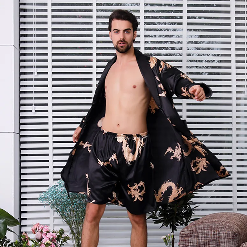 Men Home Simulation Silk Lapel Long Sleeve Nightgown Shorts Pajama Set