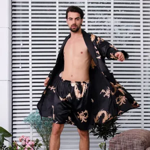 Men Home Simulation Silk Lapel Long Sleeve Nightgown Shorts Pajama Set
