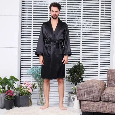 Men Home Simulation Silk Plus Size Lapel Long Sleeve Nightgown
