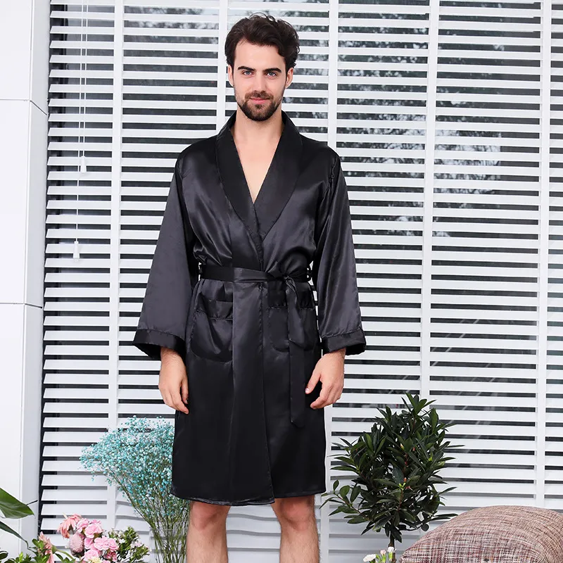 Men Home Simulation Silk Plus Size Lapel Long Sleeve Nightgown