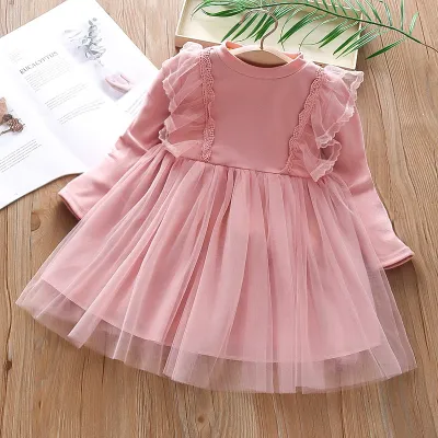 Kids Girls Spring Autumn Solid Color Long Sleeve Mesh Dress