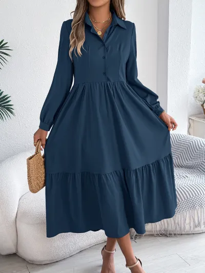 Spring Women Casual Loose Long Sleeve Ruffled Shirt Dress