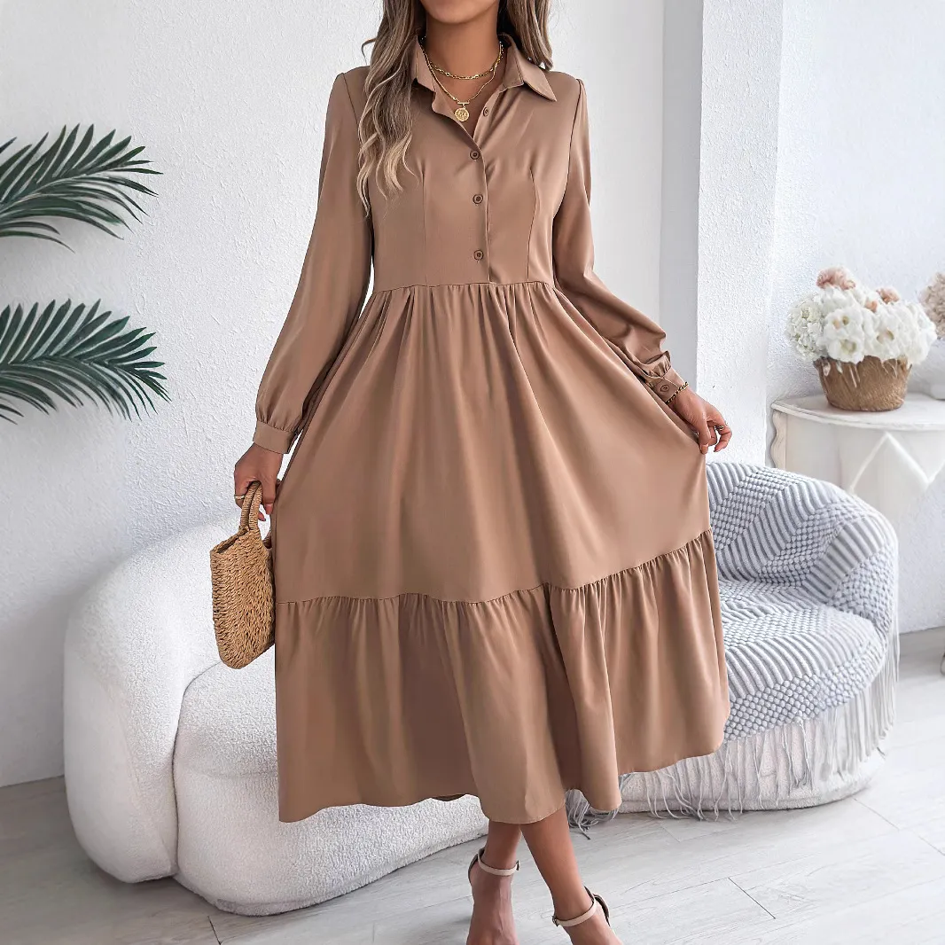 Spring Women Casual Loose Long Sleeve Ruffled Shirt Dress