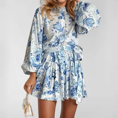 Women Elegant Print A-Line Long Sleeve Dress