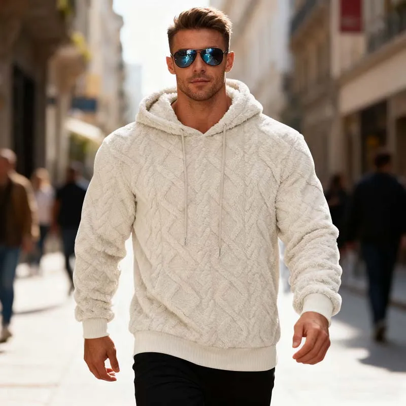 Men's Fall Winter Solid Color Rib-Knit Fleece Long Sleeve Pullover Hoodies With Jacquard