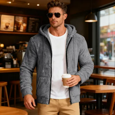 Men Autumn Winter Solid Color Plush Long Sleeve Hooded Cardigan Coat